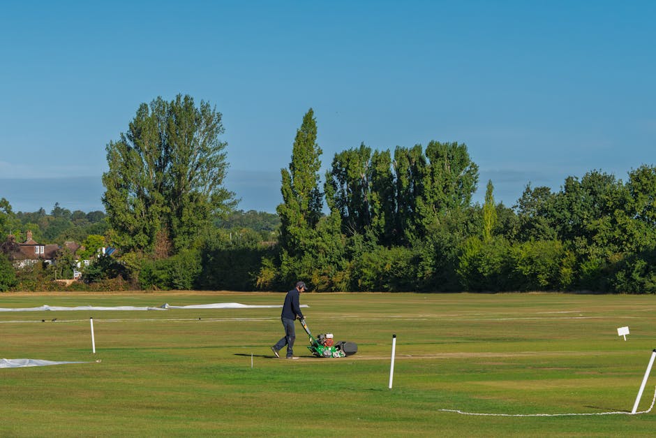 A gardener wearing dark clothing and a hat is operating a lawn mower on a large, well-maintained grass field within a park or garden located in Highbury Fields. The lawn shows areas of freshly cut grass, with some sections still waiting to be trimmed, and the soil appears moist. Surrounding the open space are tall, leafy deciduous trees with vibrant green foliage, and a few distant houses are visible beyond the tree line. The scene is brightly lit with natural sunlight, emphasizing the lush textures of the grass, leaves, and soil, reflecting ongoing garden maintenance by local gardeners from Gardeners Islington dedicated to high-quality lawn care and landscaping work.